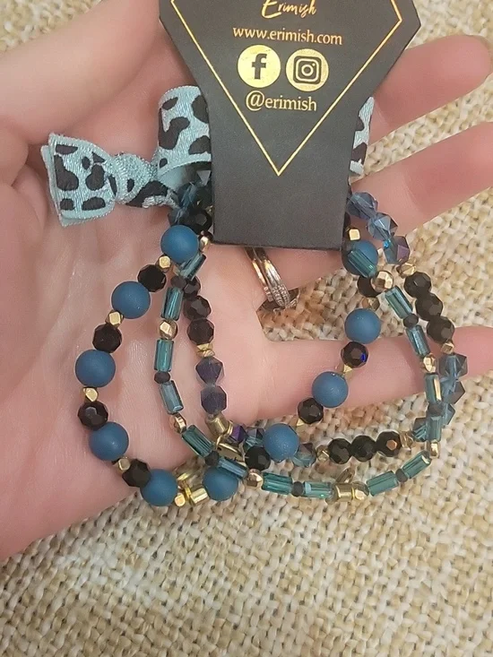 Erimish Teal & Black Beaded Bracelet Set with Gold Accents - Picture 2 of 2